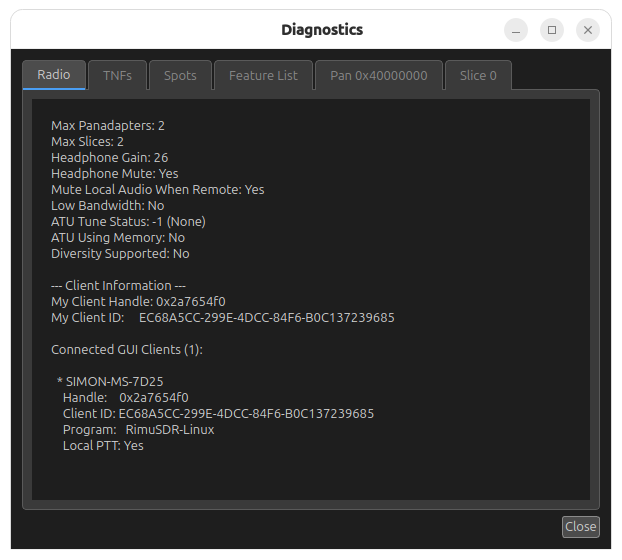The Diagnostics dialog on its Radio tab