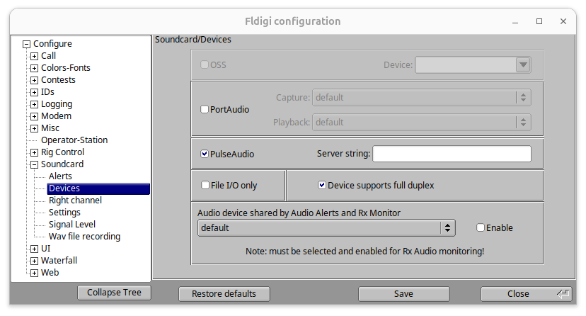 Fldigi soundcard device settings with PulseAudio selected