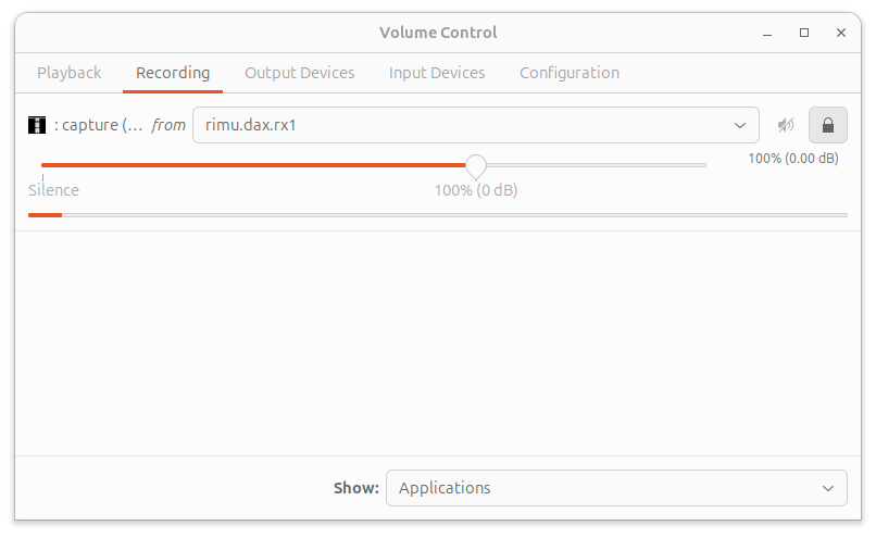 pavucontrol routing the Fldigi recording stream to the DAX RX1 device