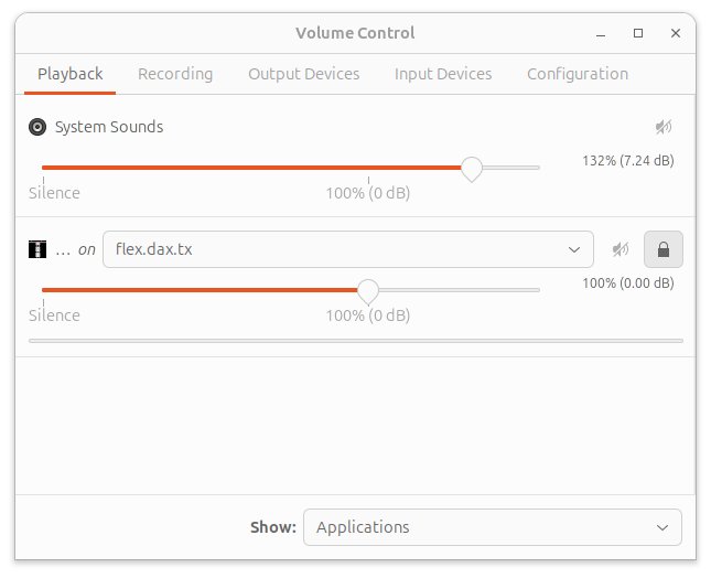 pavucontrol routing the Fldigi playback stream to the DAX TX device