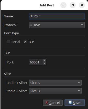 RimuCAT OTRSP TCP port configuration on port 60001