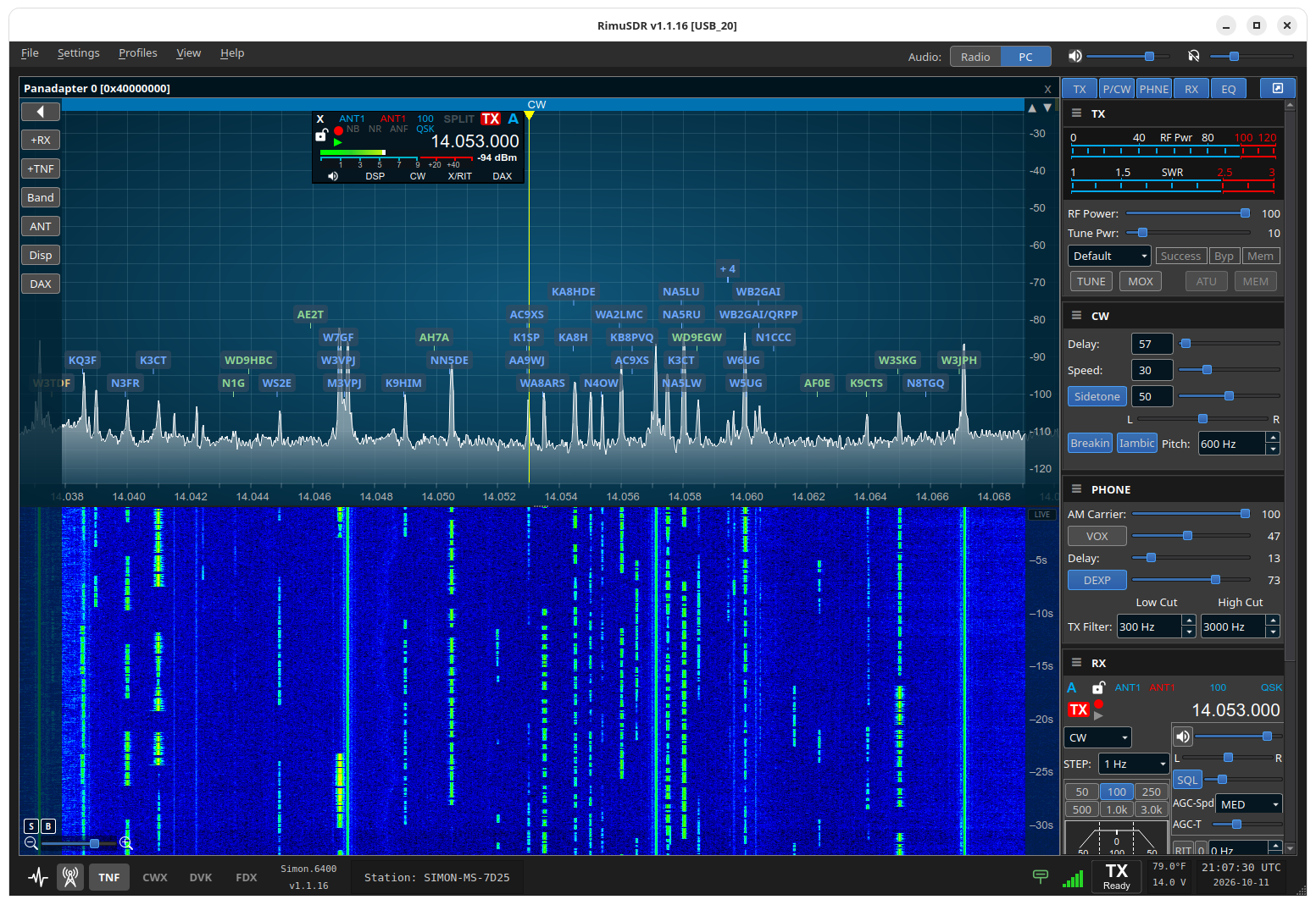 Spots on the RimuSDR panadapter in the 20m CW band, each label in the color of its source