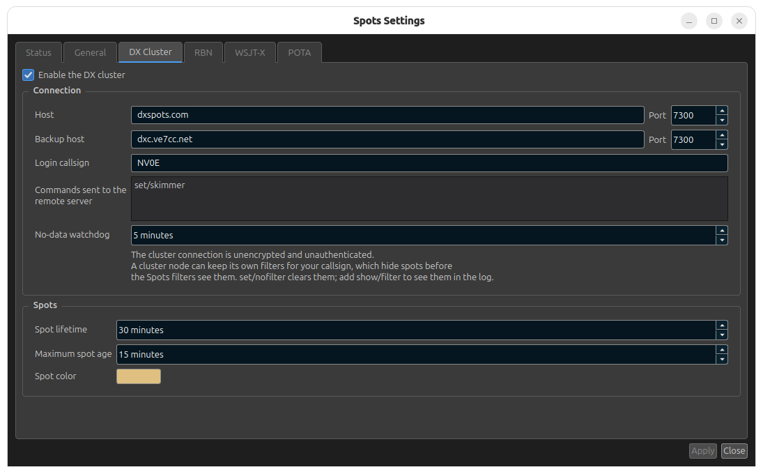 The DX Cluster tab of Spots Settings, with the DX cluster turned on