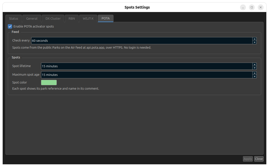 The POTA tab of Spots Settings, with POTA spots turned on
