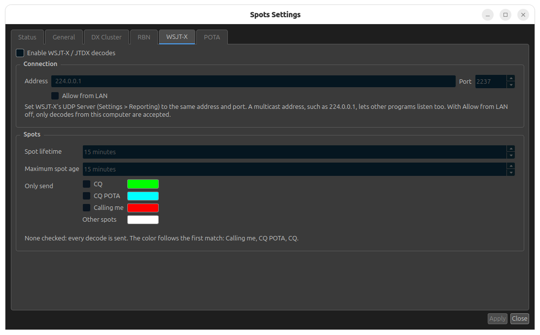 The WSJT-X tab of Spots Settings, with WSJT-X decodes turned off