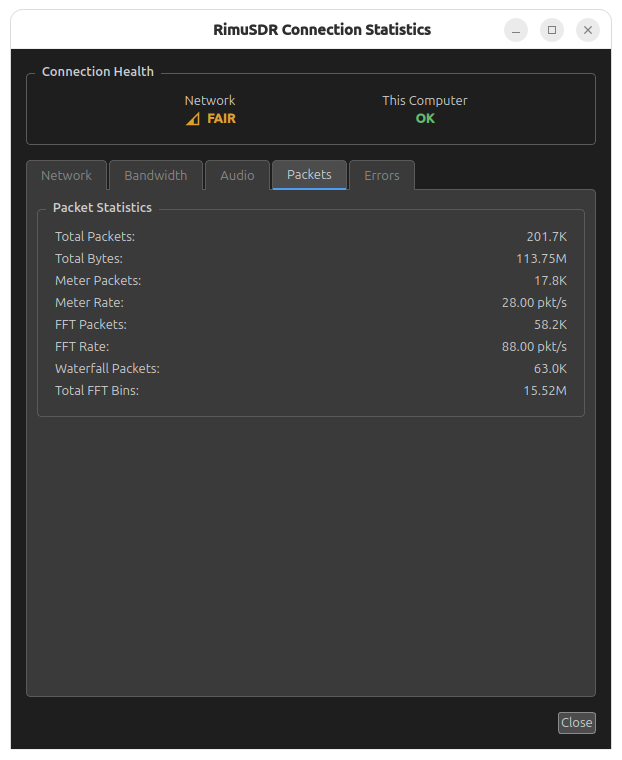 The Packets tab of the Connection Statistics dialog
