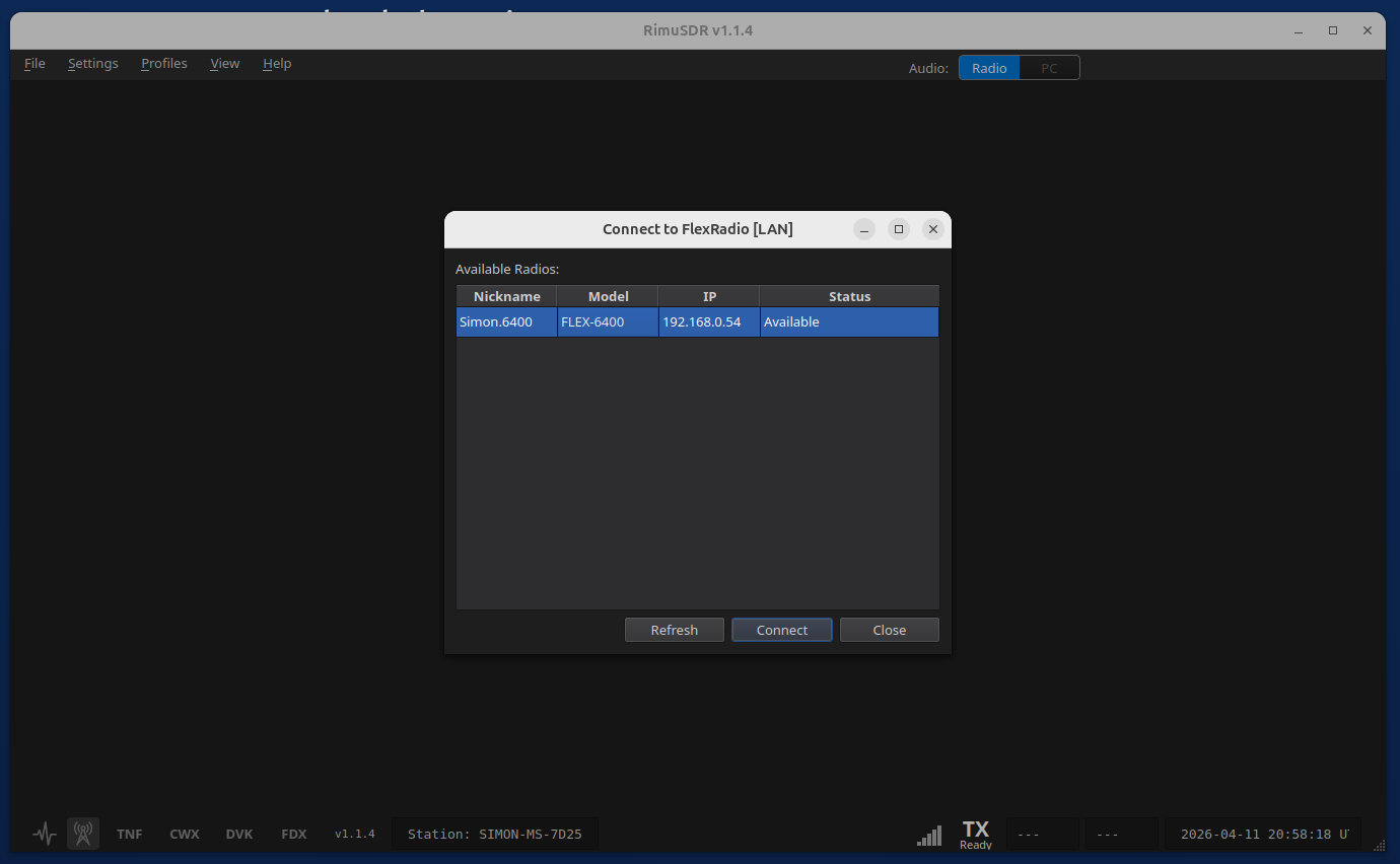 Local radio selection list showing discovered radios on the network
