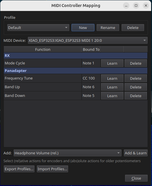 MIDI controller connected to RimuSDR
