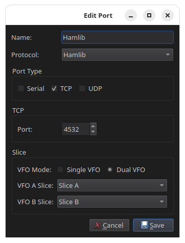 RimuCAT Hamlib TCP port configuration on port 4532 in dual VFO mode