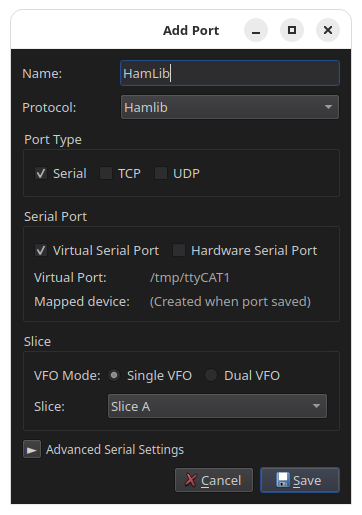 RimuCAT Hamlib virtual serial port configuration in single VFO mode