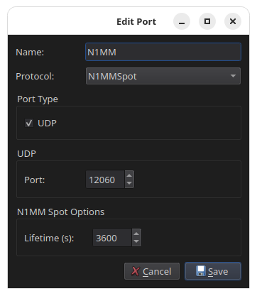 RimuCAT N1MM+ spot port configuration on UDP port 12060 with a 3600 second spot lifetime