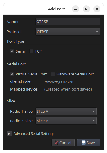RimuCAT OTRSP virtual serial port configuration with Radio 1 and Radio 2 slices