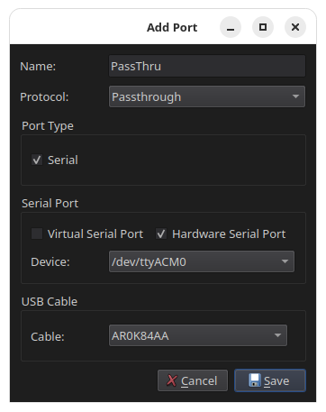 RimuCAT passthrough port on a hardware serial device with a USB cable selected