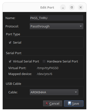 RimuCAT passthrough port on a virtual serial port with a USB cable selected