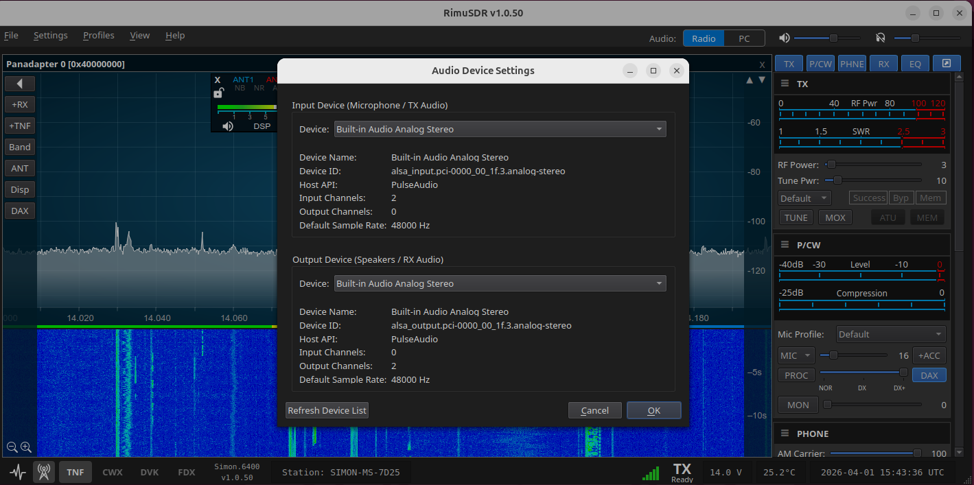 RimuSDR audio device settings