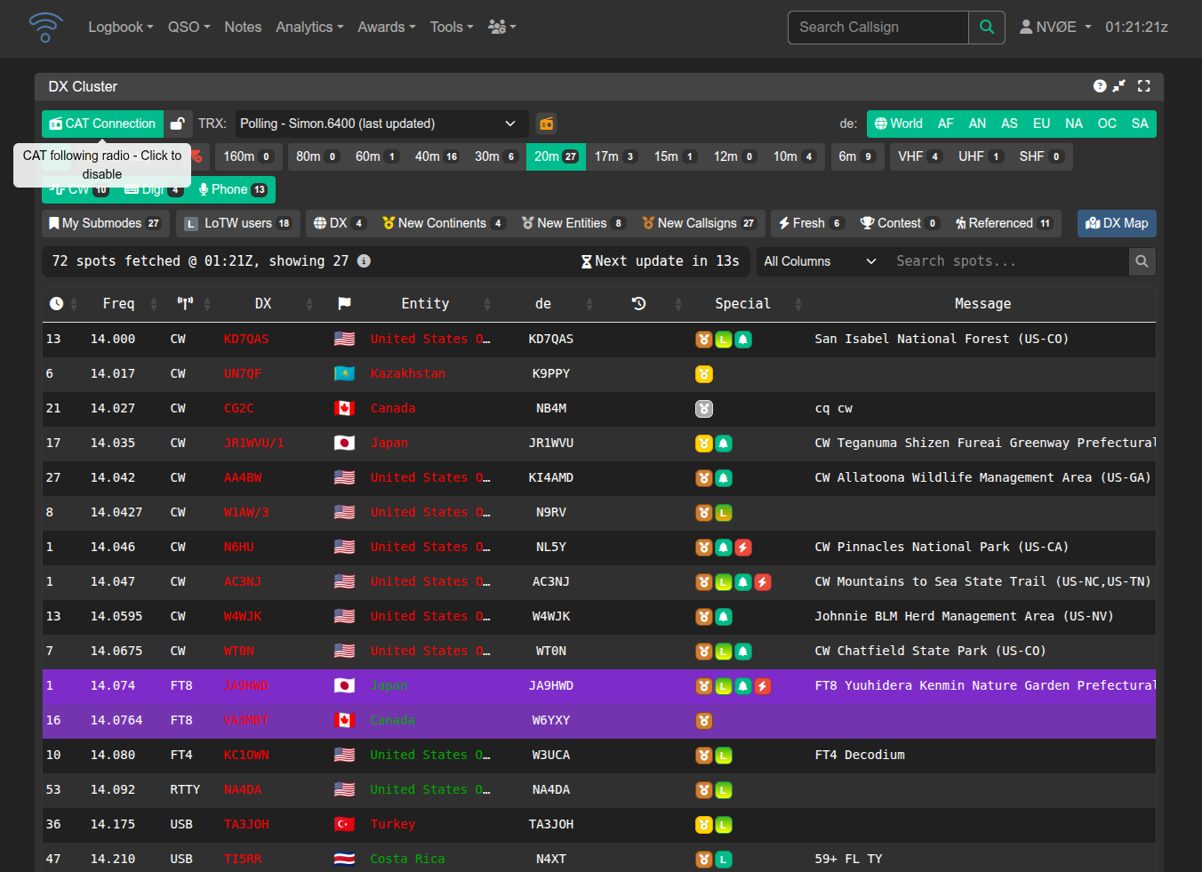 Wavelog DX Cluster page with CAT Connection enabled and the TRX selector following Simon.6400