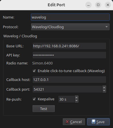RimuCAT Wavelog/Cloudlog port configuration showing Base URL, API key, auto-filled radio name, click-to-tune callback, and keepalive