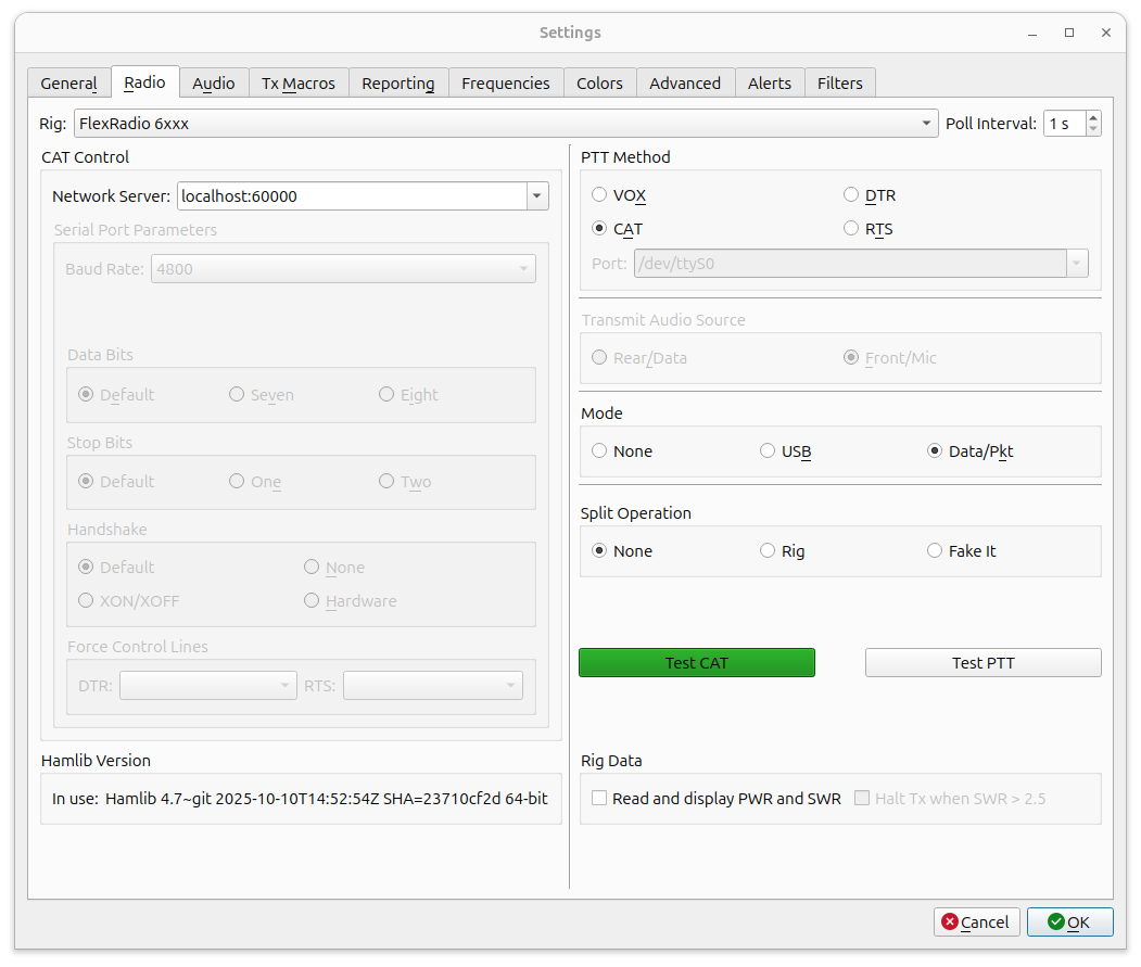 WSJT-X Radio settings configured for RimuCAT
